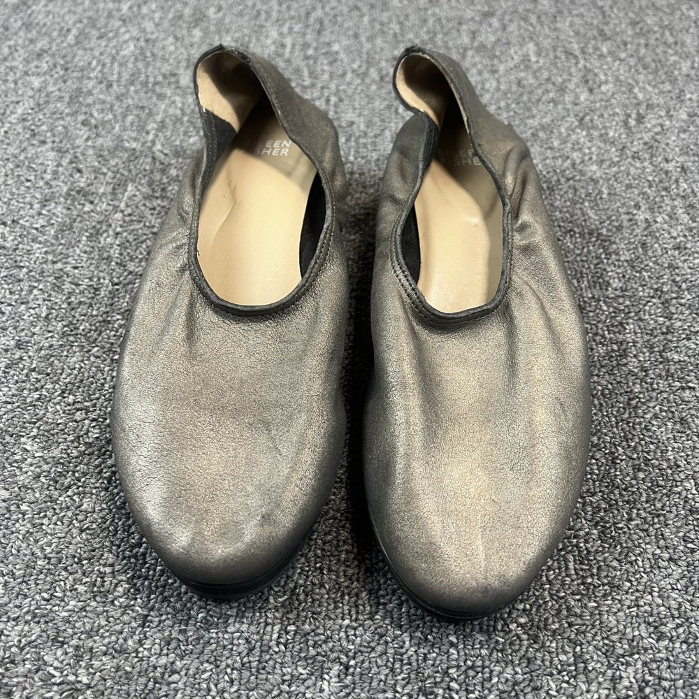 Eileen Fisher Minimalist Metallic Leather Wedge Platform Loafers 8 Pewter Grey